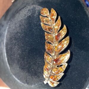 Vintage Monet Signed Large Gold Tone Amber Navette and rhinestone Leaf Brooch